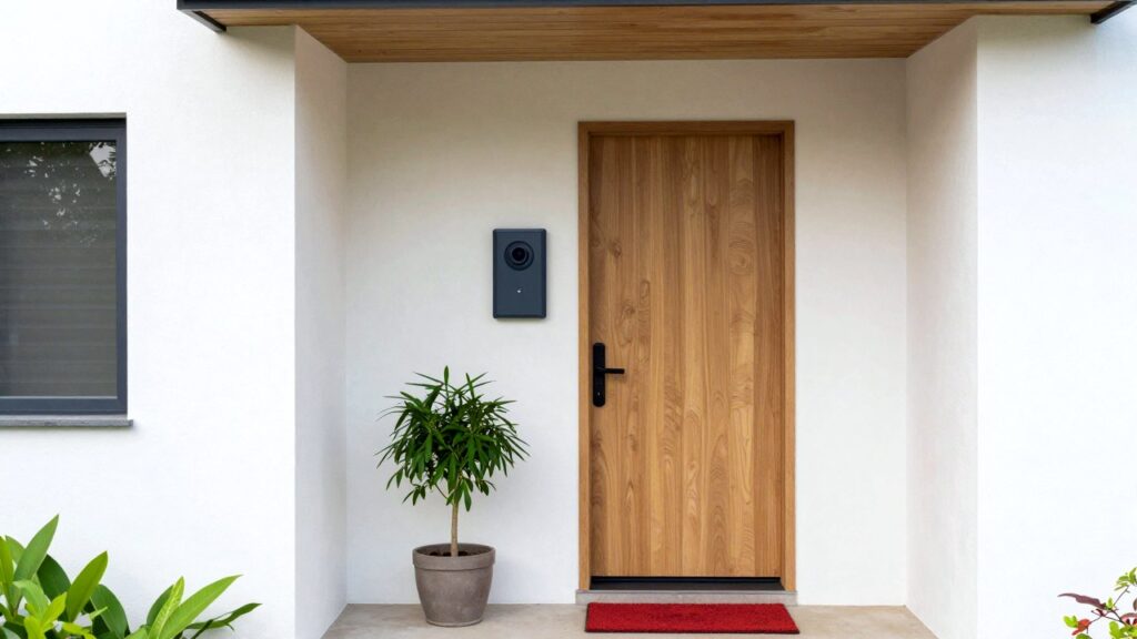 Un videoportero gris sencillo junto a una puerta de roble claro en un portal cubierto, con una planta y un felpudo rojo.