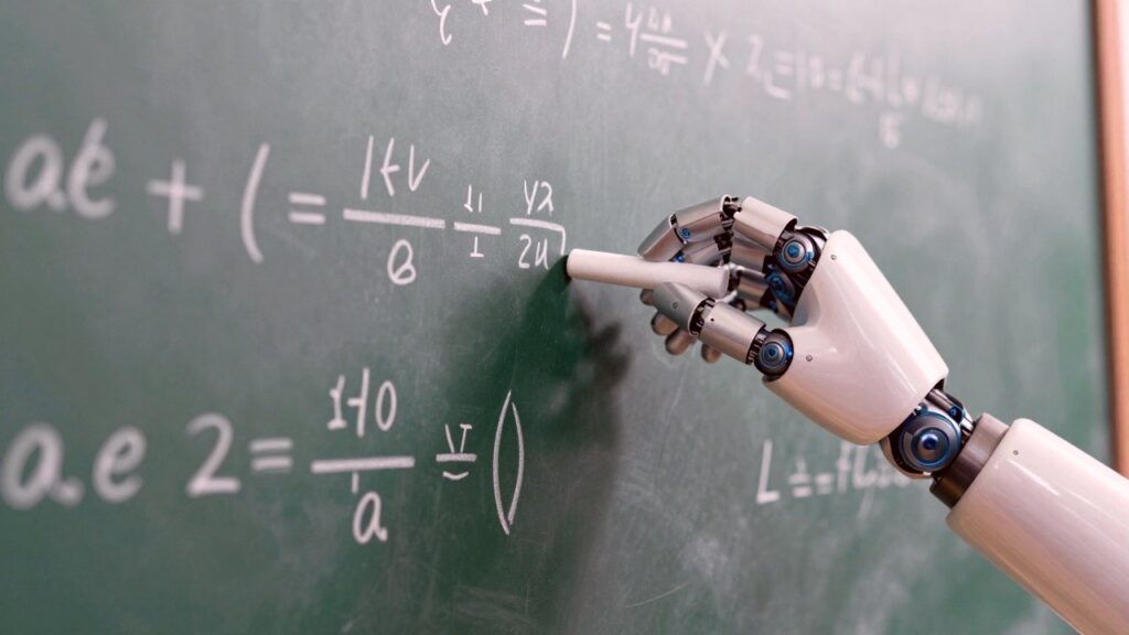 Una mano robótica blanca escribiendo ecuaciones matemáticas con tiza en una pizarra verde.