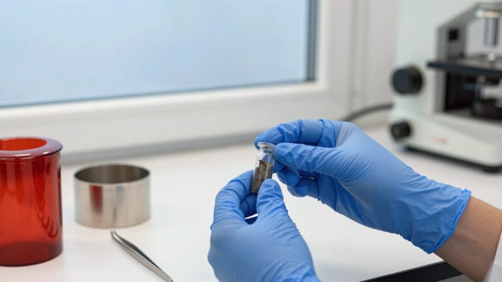 Gloved hands holding a small sealed glass vial of dark grey grains in a bright laboratory.