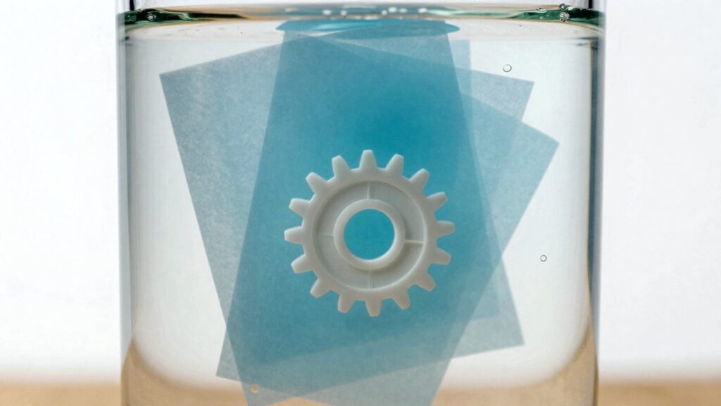 Thin sheets of blue light cross inside a glass cylinder of clear resin, where a small white gear wheel has formed.