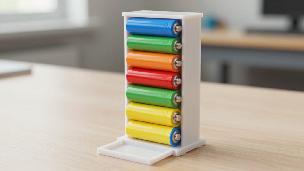 Cutaway of one dispenser chute: colourful batteries stacked lying down, a sloped floor at the bottom and a small tray with a lip in front.