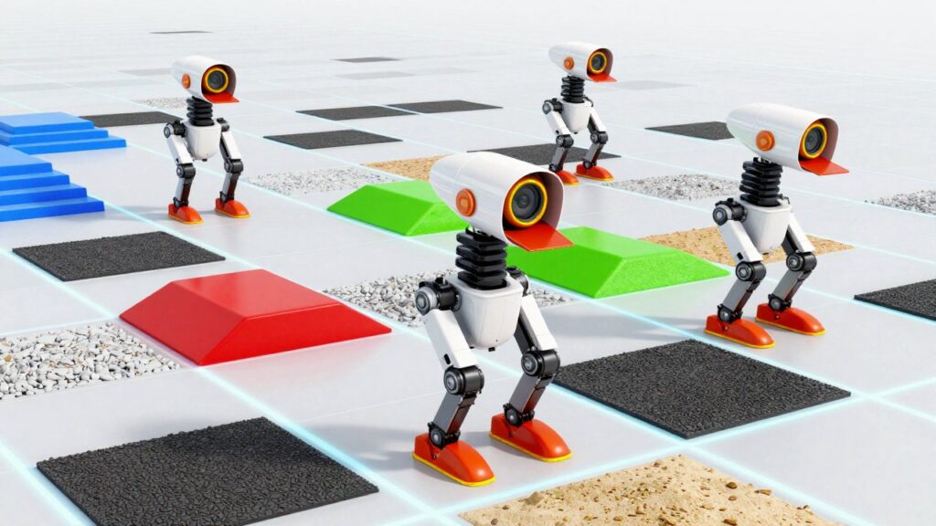 Small white two-legged robots with tube-shaped camera heads and orange-red feet walk on a grid of virtual tiles, each tile a different terrain: blue stairs, a red step, green slopes, pebbles and black rubber mats.