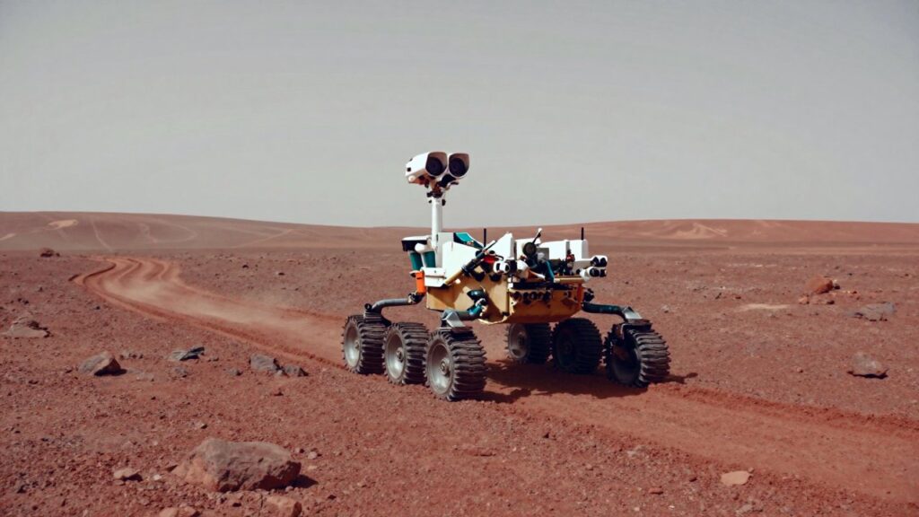 A six-wheeled rover on a rocky Martian plain with long wheel tracks behind it.