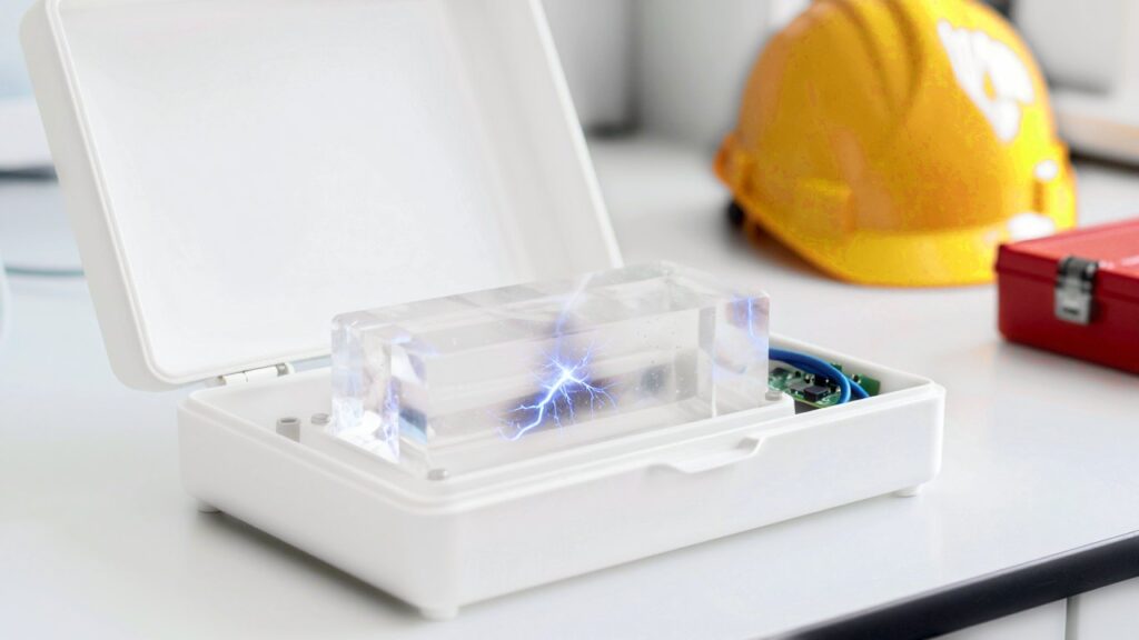 Un bloque de cristal transparente en una caja blanca sobre una mesa de laboratorio, con pequeños destellos de luz azul y violeta en su interior.