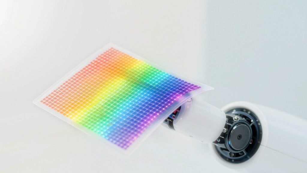 Close-up of a robot fingertip wrapped in a thin sensor sheet whose tiny dots glow in many different colours.