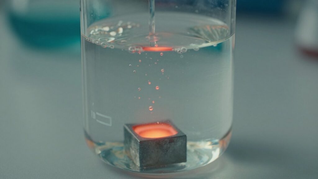 Un pequeño cuadrado de metal caliente en el fondo de un vaso de laboratorio hace hervir el líquido transparente que lo rodea.