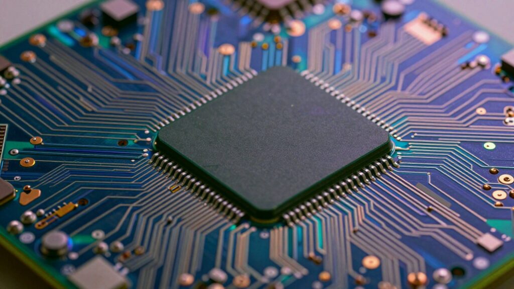 A square processor chip on a blue circuit board, with fine copper traces fanning out from it.