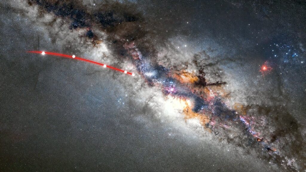 A star field with the Milky Way, where one faint object appears six times along a curved path joined by a red line.