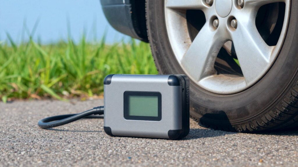Un compresor inalámbrico compacto con una pequeña pantalla y una manguera corta, en el suelo junto a la rueda de un coche.