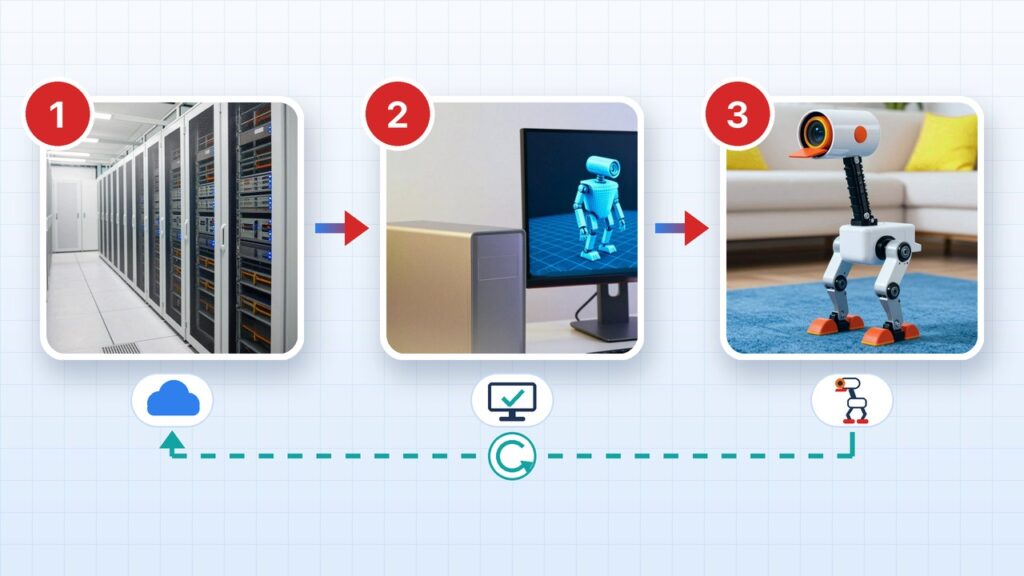 Diagrama en tres pasos: un centro de datos luminoso con el número 1, un ordenador de sobremesa que muestra un robot en malla con el 2 y un pequeño robot blanco de dos patas con cabeza de cámara caminando sobre una alfombra azul con el 3, unidos por flechas y con un bucle discontinuo del paso 3 al 1.
