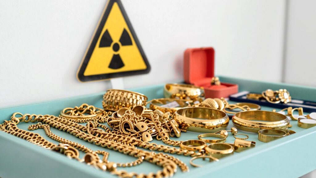 A pile of shiny gold chains, bangles and rings on a turquoise tray, with a yellow and black radiation warning sign and a coral-red ring box behind.