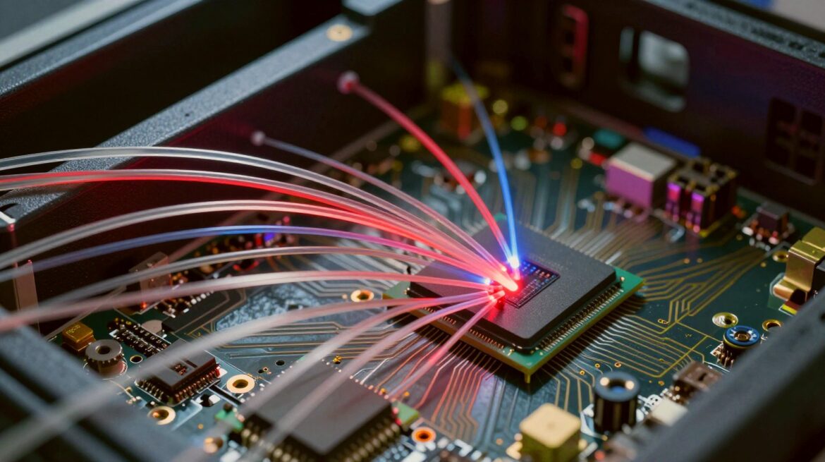 A server circuit board where thin optical fibres link a central chip to small modules, with red and blue light pulses travelling along them.