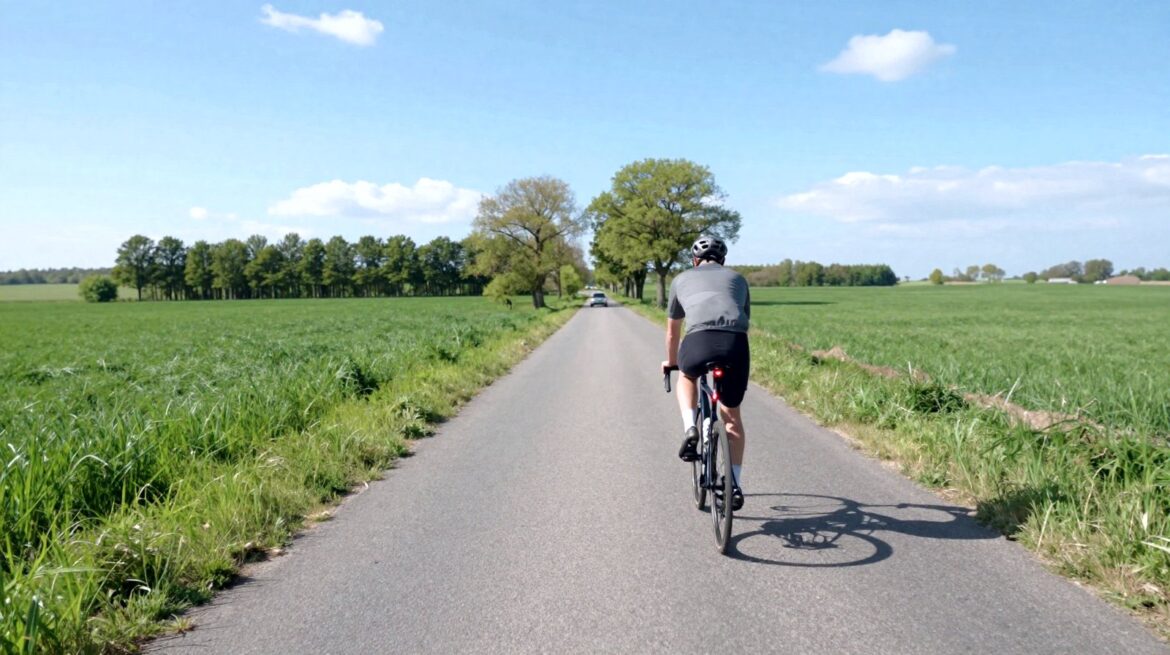 A cyclist seen from behind on a country road between green fields under a blue sky, with a red rear light glowing under the saddle.
