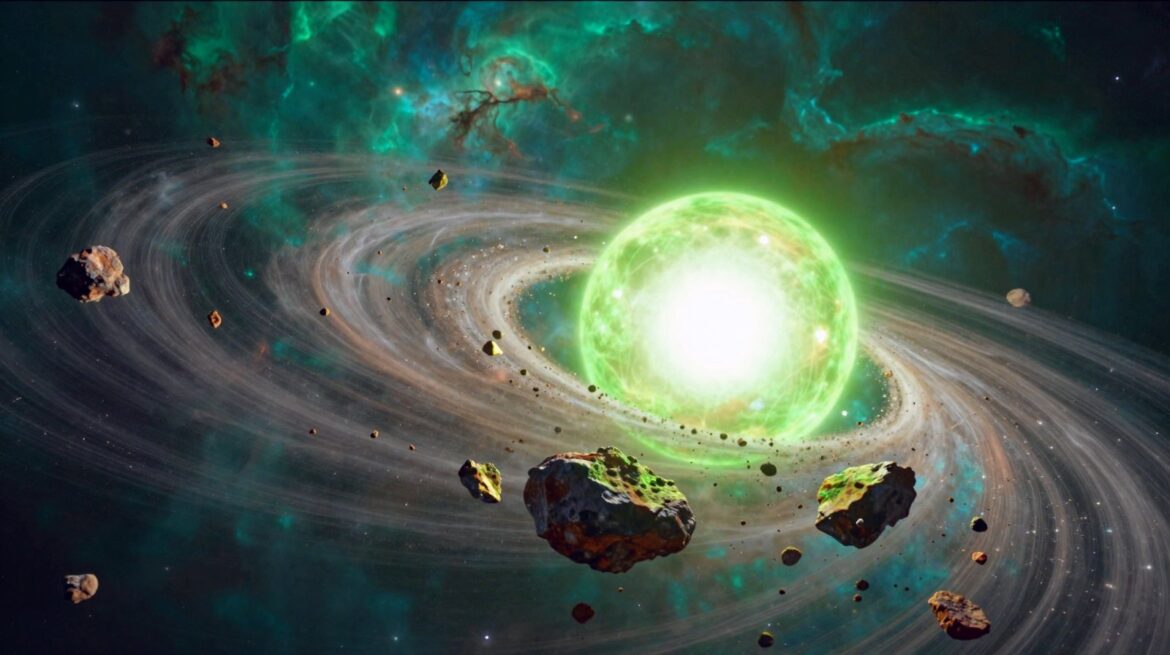 Artist's impression of a small star glowing pale green, with a disc of rocky debris spiralling into it.
