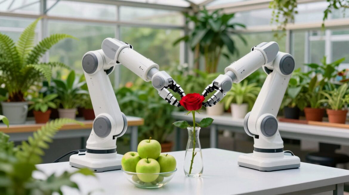 A white robot arm placing a red rose into a glass vase in a bright greenhouse lab full of green plants.