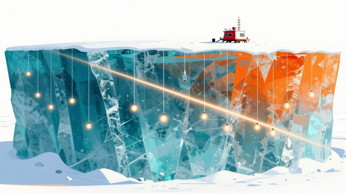 Cross-section of Antarctic ice with strings of glowing sensors and a streak of light deep inside.