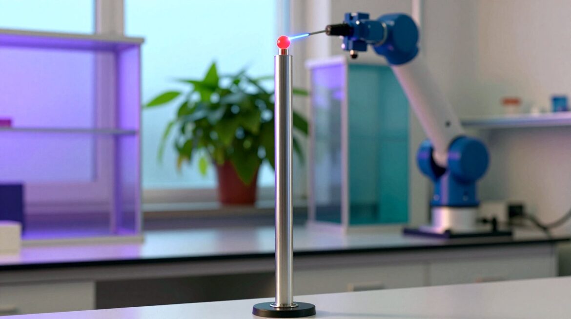 A tall, thin silver metal column stands in a bright lab, with a small red-hot molten bead and a tiny electric arc at its top.