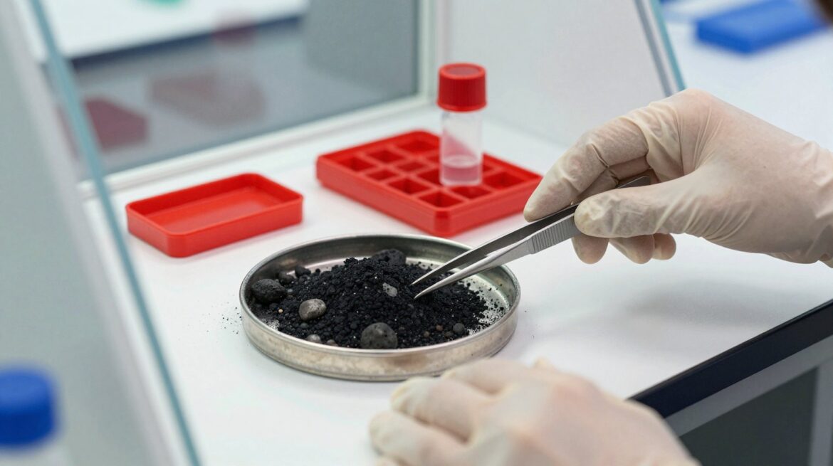Manos con guantes y pinzas junto a un plato con polvo negro de asteroide dentro de una cámara de guantes luminosa.