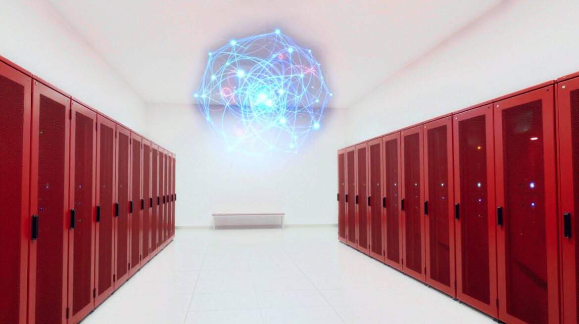 A bright supercomputer hall with rows of red server cabinets, under a floating 3D model of the cosmic web in blue and violet with red bubbles of light.