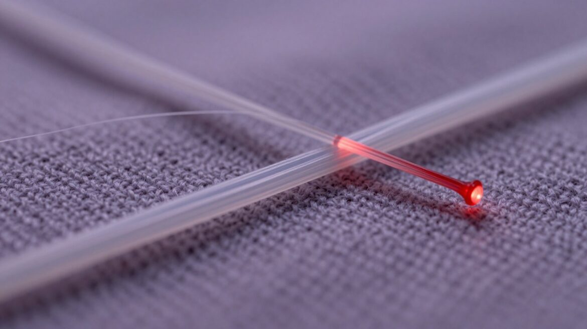 Close-up of soft translucent threads woven into knitted fabric, one of them glowing red along a short section.