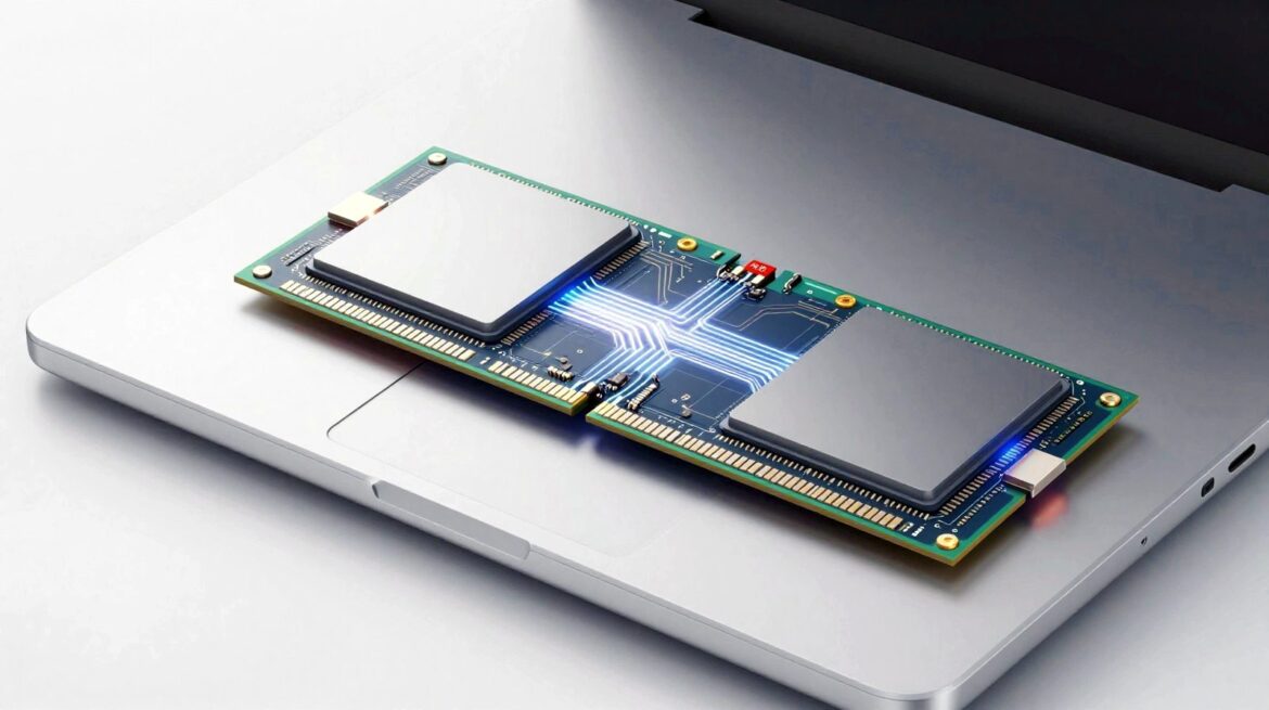 Corte de un portátil fino que deja ver un chip luminoso con dos piezas unidas por rutas de memoria.