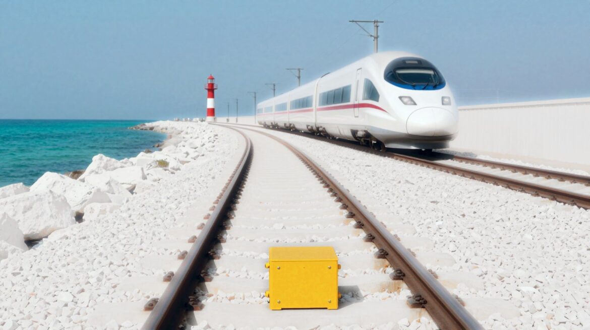 A white high-speed train without markings approaches on a line along a turquoise sea coast, with a red and white lighthouse behind and a bright yellow Eurobalise box between the rails in the foreground.