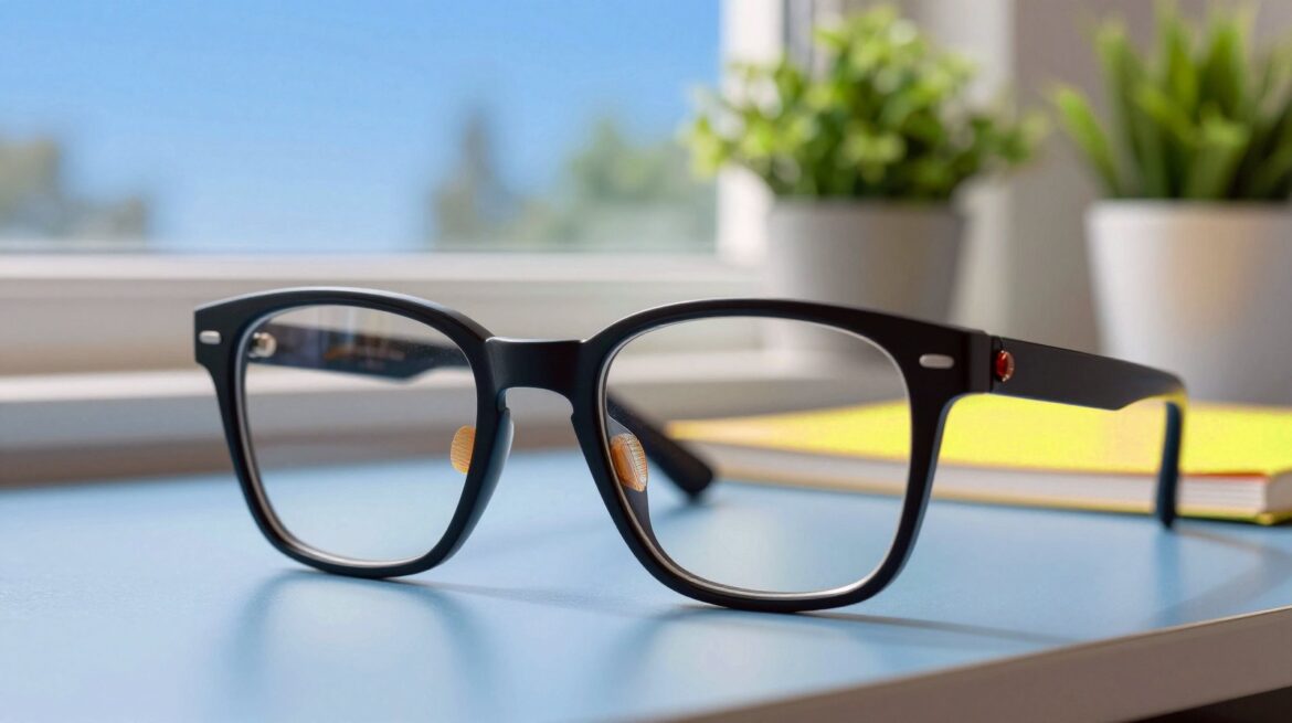 Gafas de montura negra sobre una mesa azul claro junto a una ventana soleada, con finos parches sensores ámbar en la montura, plantas y cielo azul detrás.