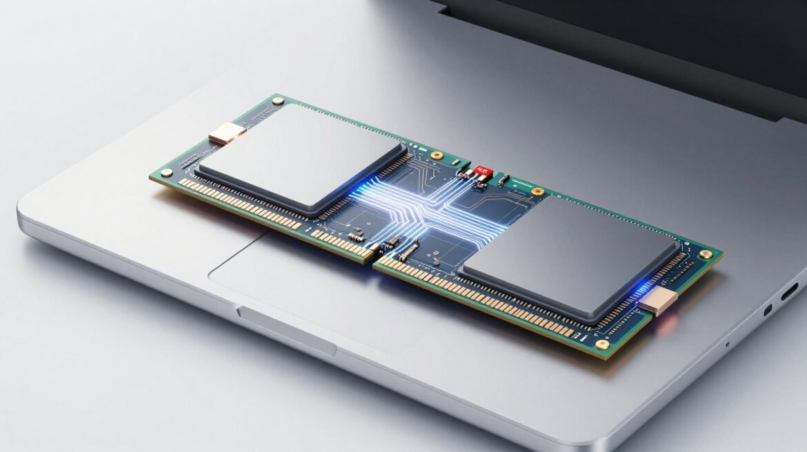 Cutaway of a slim laptop revealing a glowing chip with two dies linked by memory pathways.