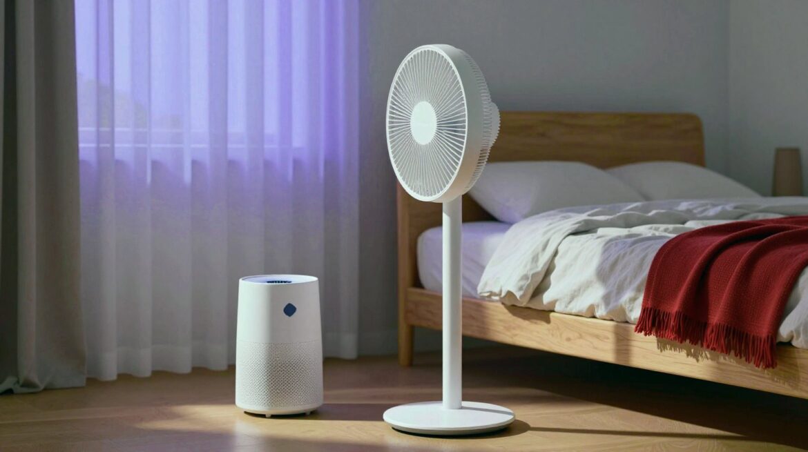 Un dormitorio tranquilo con luz lila de amanecer, un ventilador blanco junto a la cama y un pequeño purificador redondo junto a la ventana.