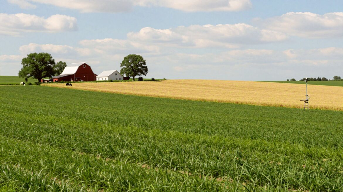 A natural family farm with green pastures, rows of young crops, a red barn and a white farmhouse, grazing cows and a small weather station at the field edge, under a blue sky.