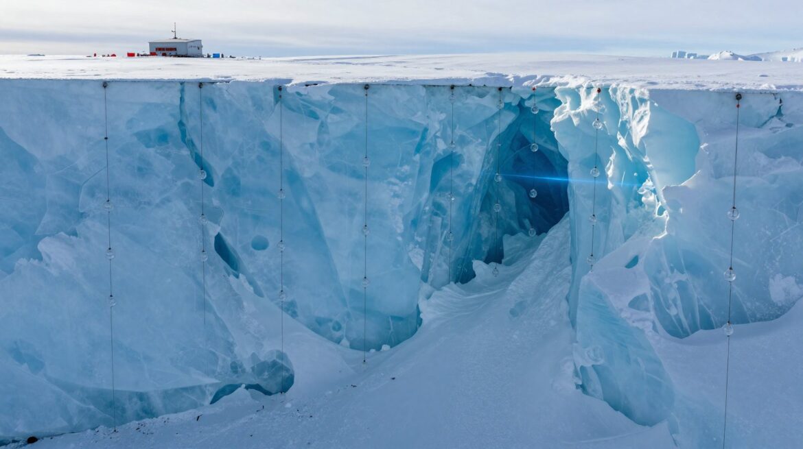 Corte del hielo antártico con cadenas de sensores luminosos y un rayo de luz en su interior.