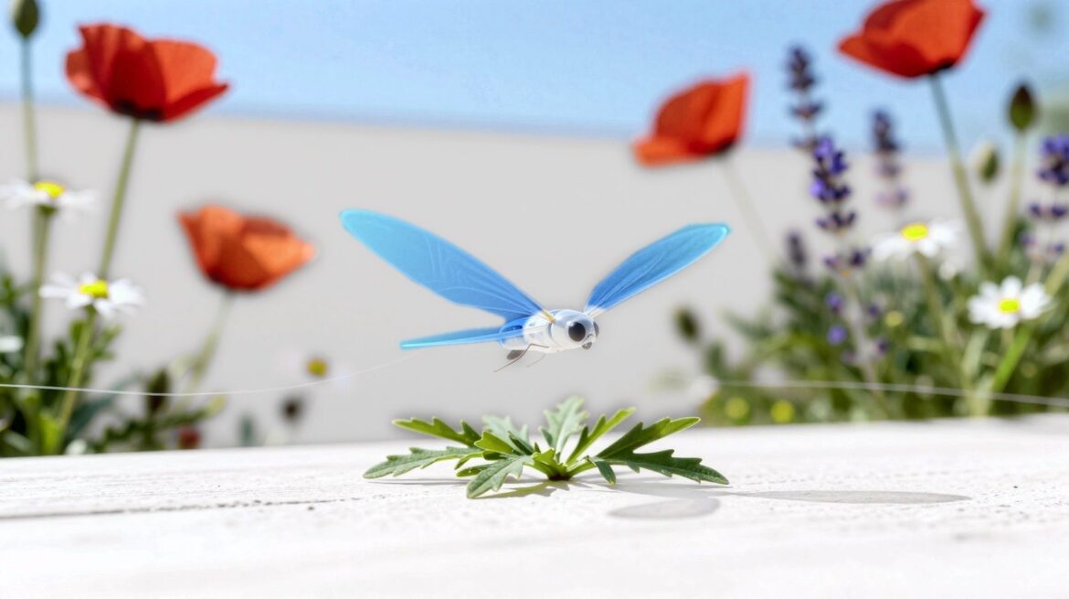 Un robot blanco diminuto con alas de película azul transparente flota sujeto a un cable fino sobre hojas verdes, con amapolas rojas y flores violetas detrás.