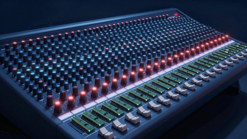 An enormous mixing desk of tiny glowing knobs connected to stacks of memory modules.
