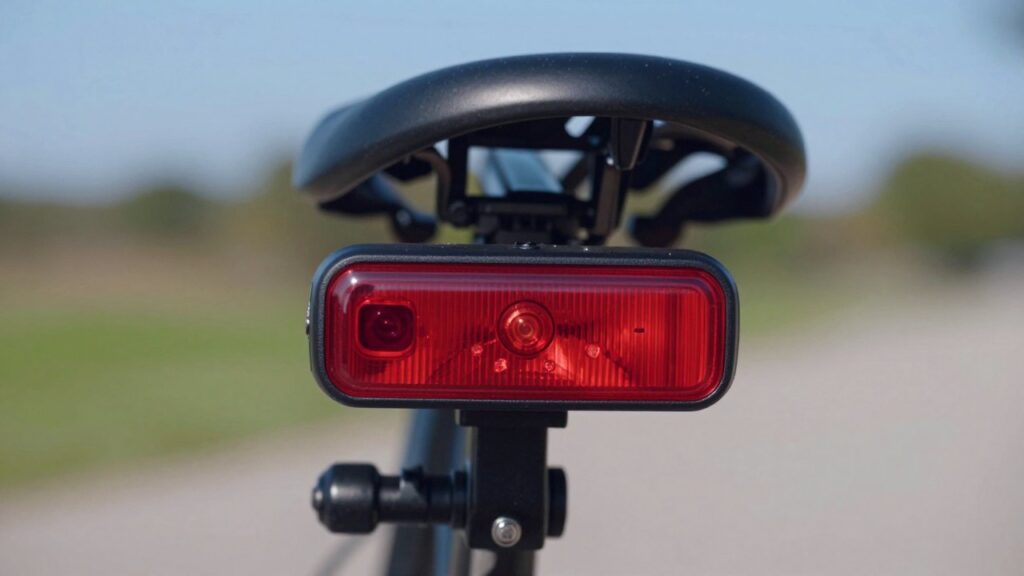 Primer plano de una luz trasera estrecha con ventana de radar, encendida en rojo en la tija de una bici, con un parque verde detrás.