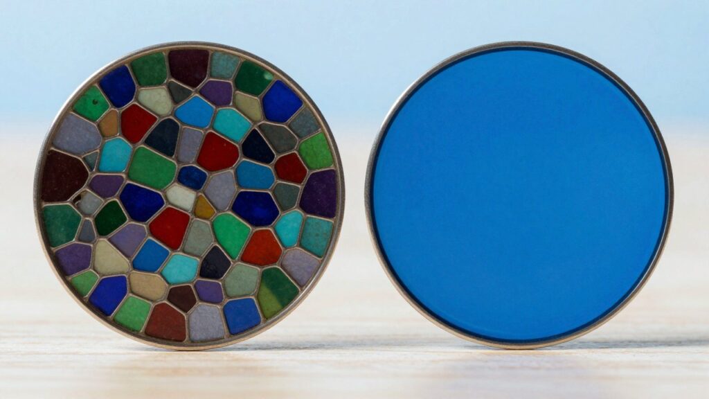 Dos discos de metal pulido bajo luz de colores: uno es un mosaico de muchos granos de colores y el otro, un azul uniforme.