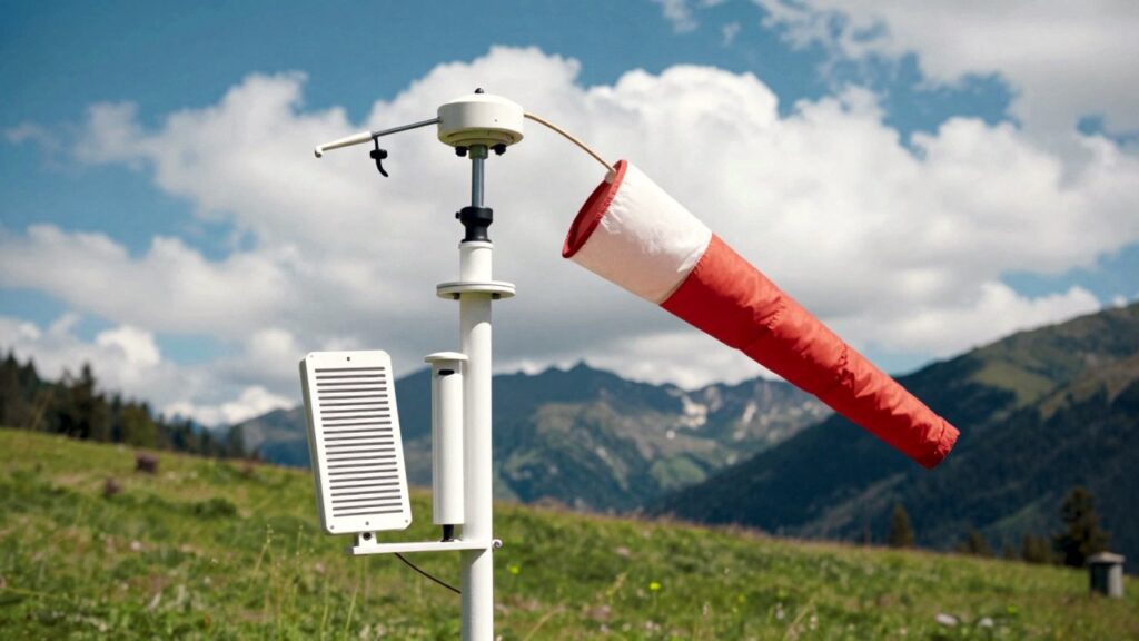 Un mástil blanco con instrumentos meteorológicos (anemómetro, veleta, garita de termómetro y pluviómetro) junto a una manga de viento roja y blanca en un prado verde bajo un cielo azul.