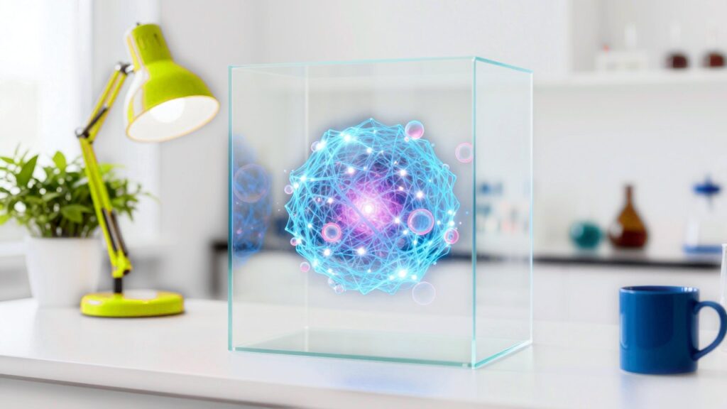 A clear glass cube on a white table holds a glowing model of the young universe: blue filaments, white galaxies and pink-rimmed bubbles, next to a yellow lamp and a green plant.