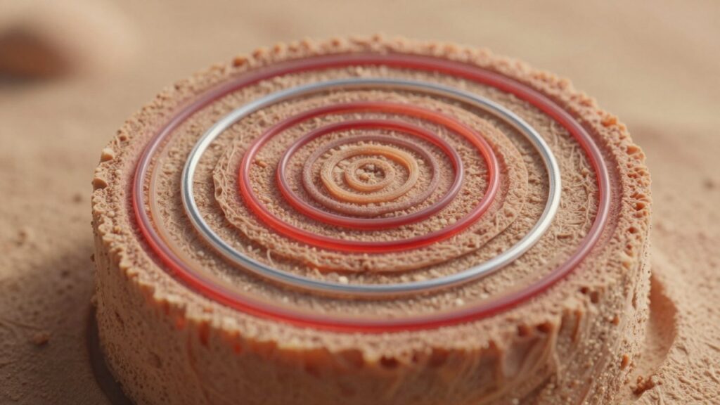 Corte transversal tipo microscopio de una fibra redonda formada por varias capas concéntricas de colores, como los anillos de un árbol.