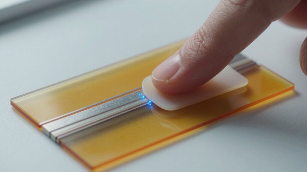 A fingertip presses a soft pad onto a thin layered amber film with silver strips, and tiny blue sparks appear where the layers touch.