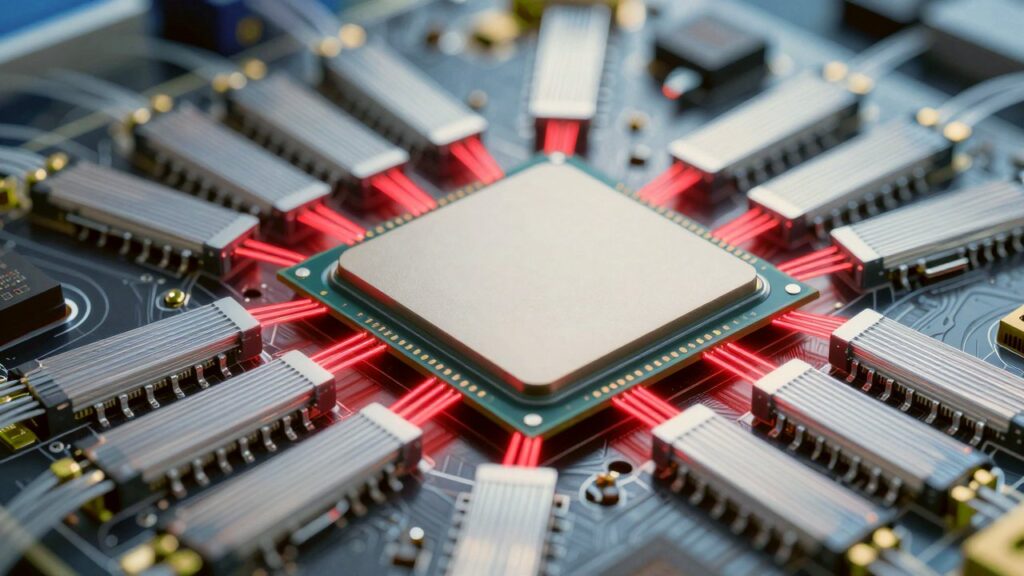 A server module where small optical engines around a central chip send crisp red laser pulses into ribbons of thin glass fibres.