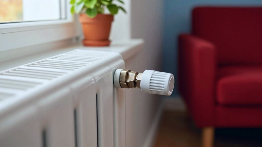 A white radiator in a sunny living room with a small smart thermostat head on its valve, a plant and a red armchair behind.