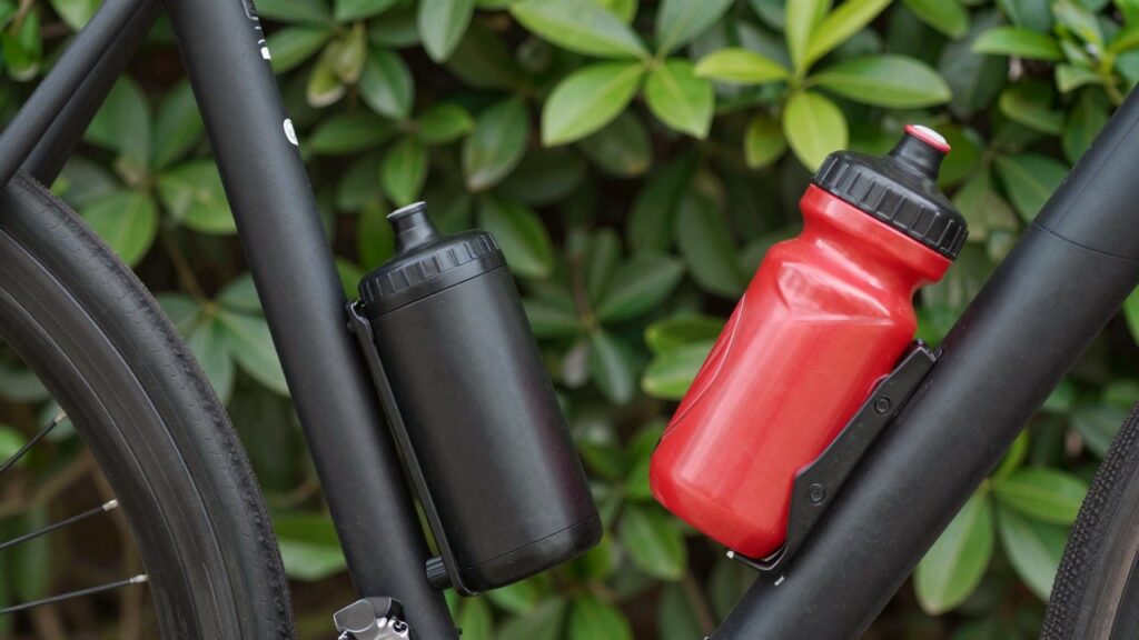 A matte black bike with two bottle cages, one holding a red bottle, in front of a green hedge: bottle-cage mounts are a common hiding place for a tracker.