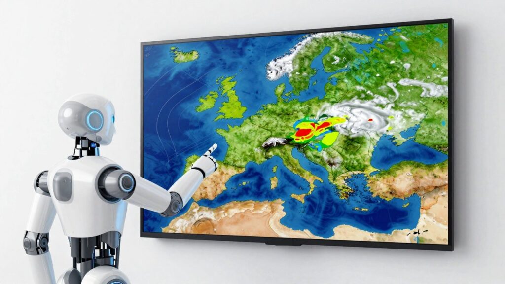 Un simpático robot blanco señala una gran pantalla con un mapa meteorológico de colores de Europa y el Atlántico norte, con zonas cálidas y frías del azul al rojo y una banda de nubes en espiral sobre el océano.