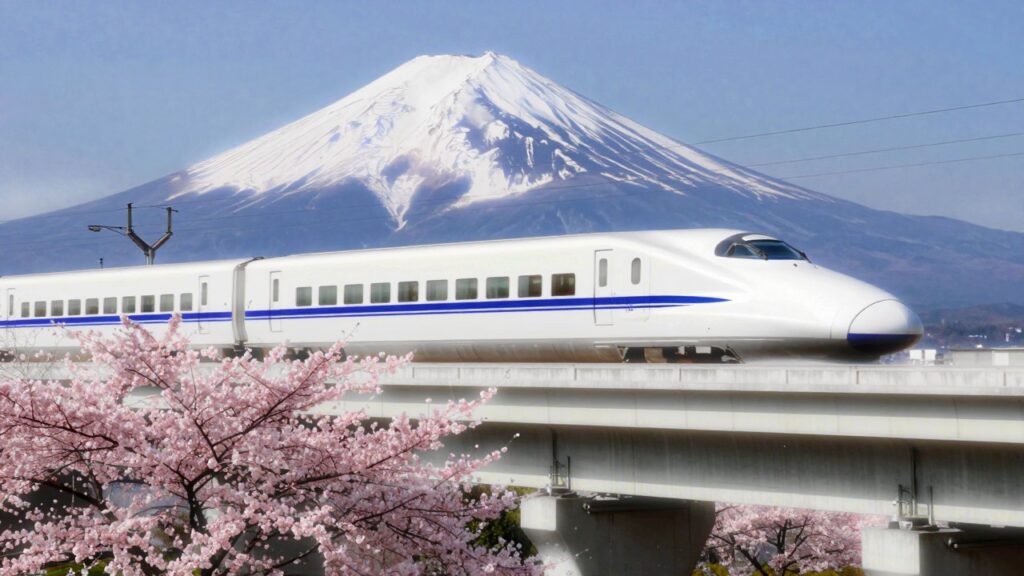 A long white bullet train with a blue stripe and a long flat nose speeds along a viaduct, with snow-capped Mount Fuji behind and pink cherry blossoms in front.
