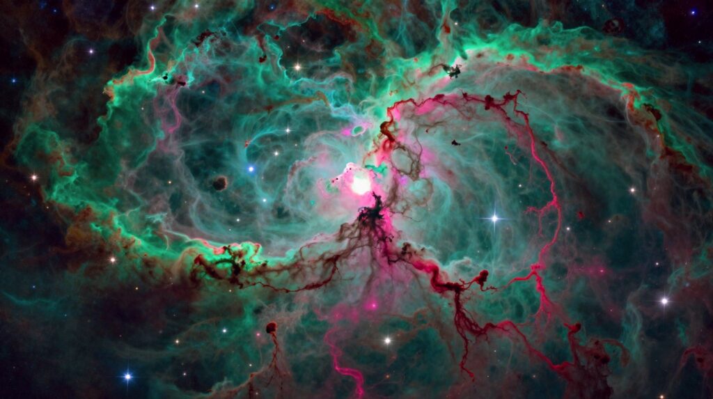 A colourful nebula of green, teal and pink gas clouds filled with stars.