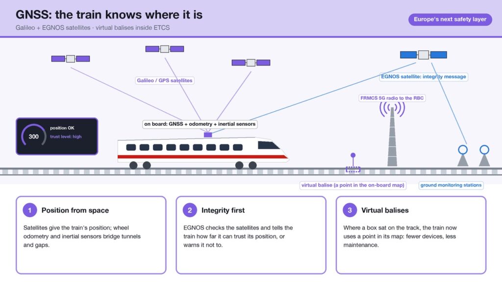 Diagram of satellite train positioning: Galileo and GPS satellites, an EGNOS satellite sending an integrity message from ground stations, a train combining GNSS with odometry and inertial sensors, and a virtual balise on the track.