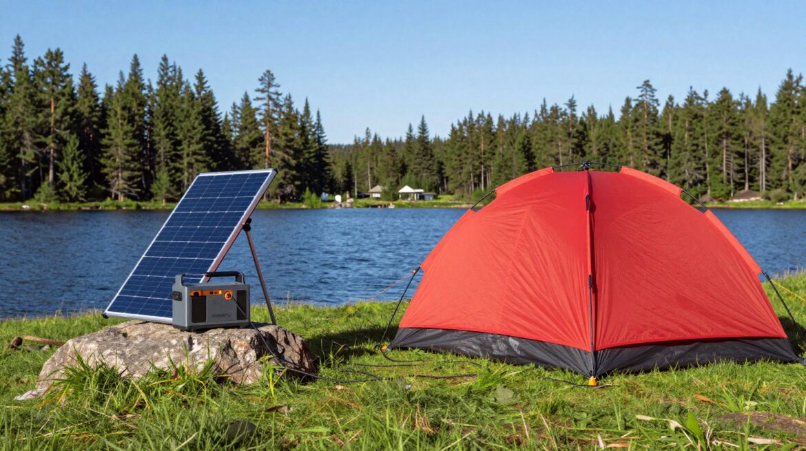 A red tent beside a blue lake, with a plain portable power station on a rock charging from a folding solar panel in the sun.