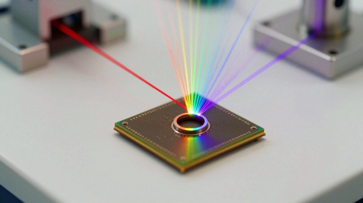 A tiny photonic chip on an optical table, with a red and a violet laser beam entering a glowing ring and a fan of rainbow light lines.