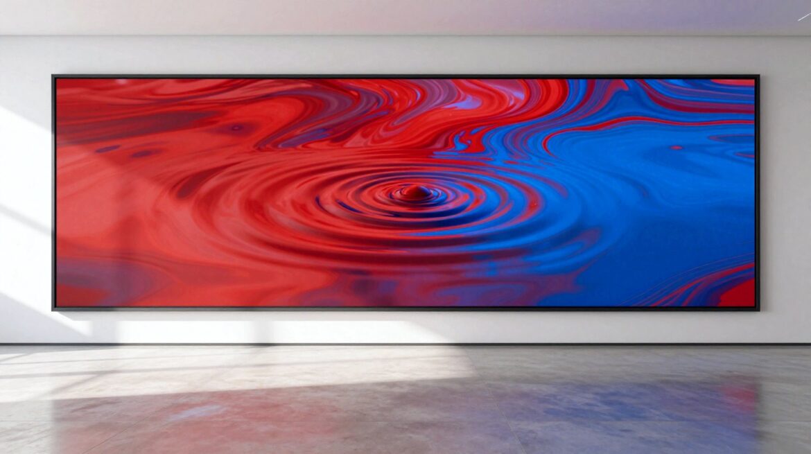 A huge screen showing red and blue abstract art in a bright hall, with sound ripples spreading from one point on the screen.