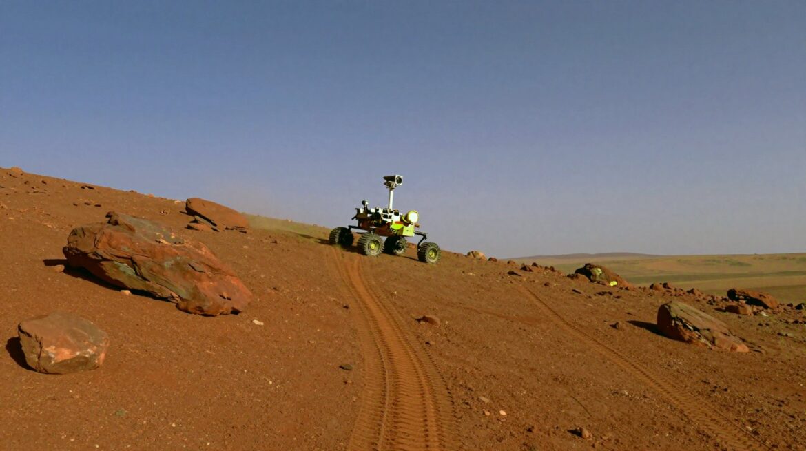 A six-wheeled rover climbing a slope of red Martian rocks, with a long curving line of wheel tracks behind it under a pale lilac sky.